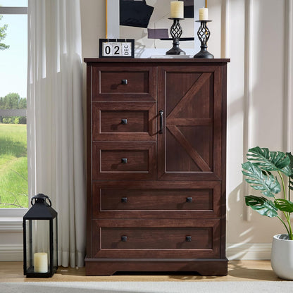 SOOWERY Farmhouse Dresser for Bedroom, Tall Chest of Drawers, Dark Cherry