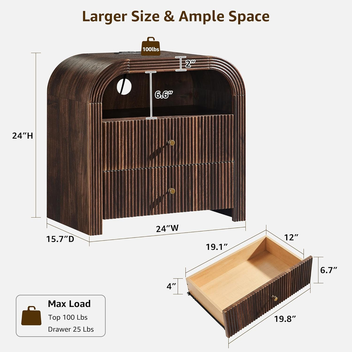 T4TREAM 24" Fluted Nightstand Set of 2 with Charging Station, Dark Walnut
