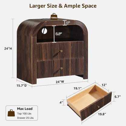 T4TREAM 24" Fluted Nightstand Set of 2 with Charging Station, Dark Walnut