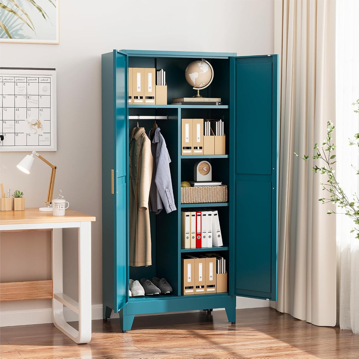 COFaR Peacock Blue Armoire Wardrobe, 71" Metal Closet with Reversible Hanging & Shelving Sections, Freestanding Storage Cabinet with Top Compartment & Adjustable Shelves
