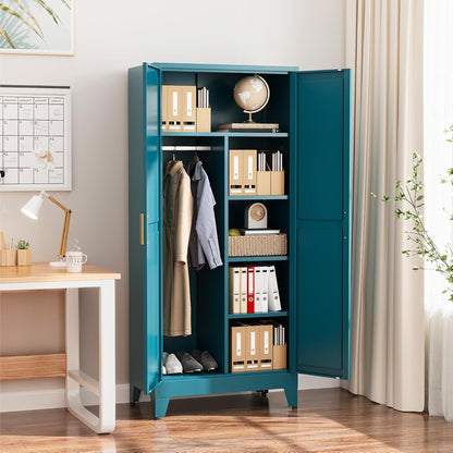 COFaR Peacock Blue Armoire Wardrobe, 71" Metal Closet with Reversible Hanging & Shelving Sections, Freestanding Storage Cabinet with Top Compartment & Adjustable Shelves