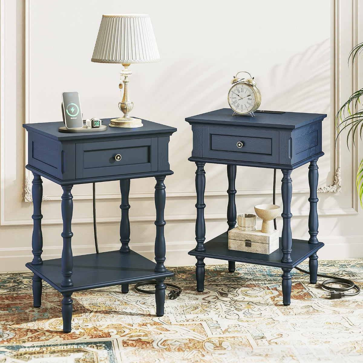 ARTPOWER Nightstands Set of 2 with Charging Station & Storage Shelf, Blue