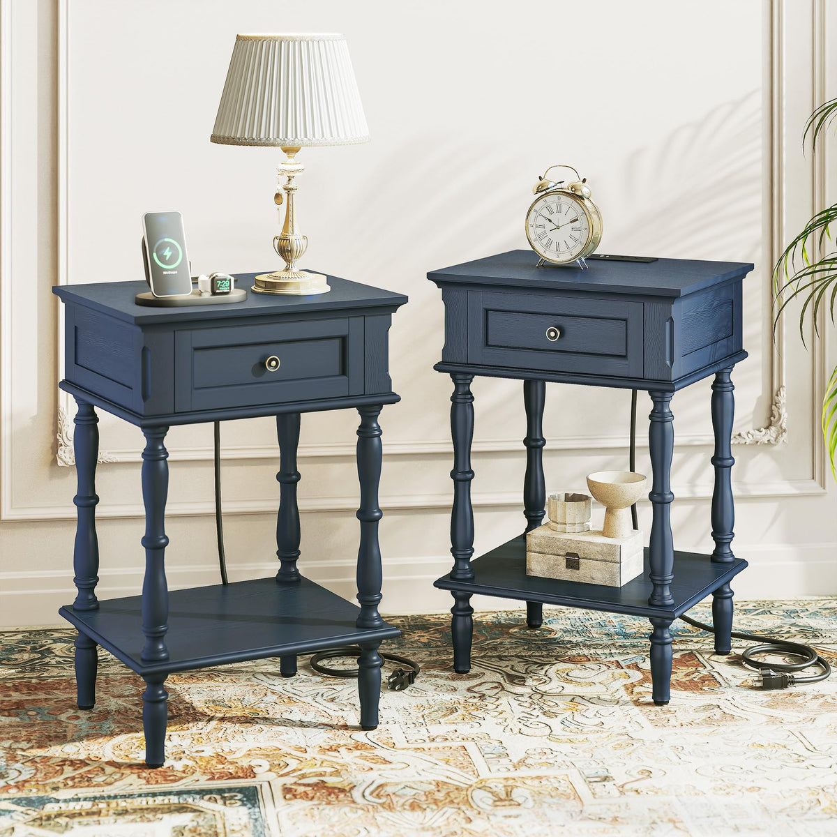 ARTPOWER Nightstands Set of 2 with Charging Station & Storage Shelf, Blue