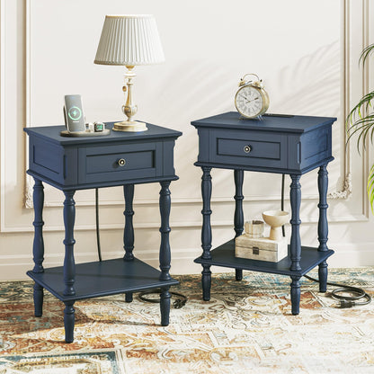 ARTPOWER Nightstands Set of 2 with Charging Station & Storage Shelf, Blue