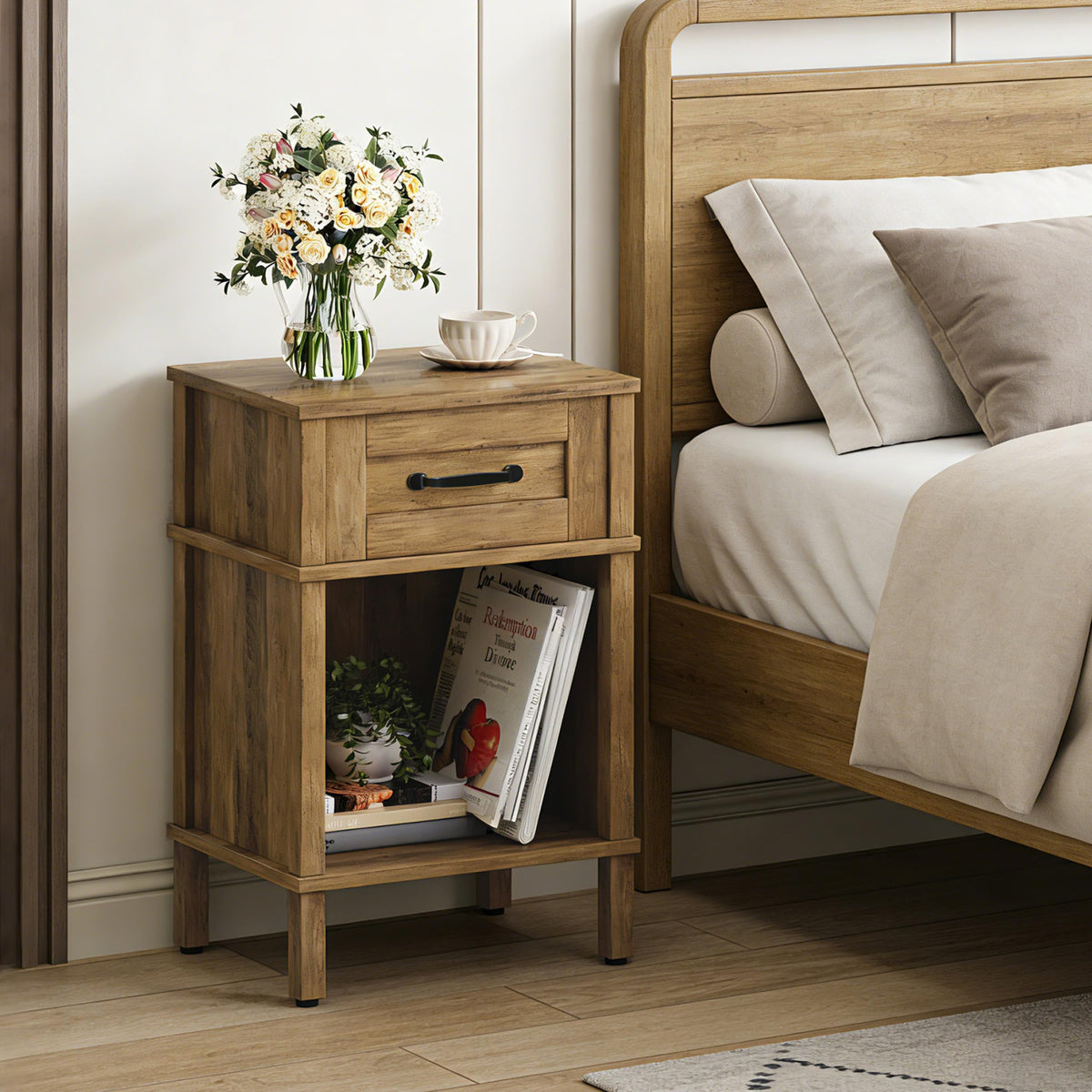 White Farmhouse Nightstands, Nightstand with Drawers, Small Bedside Table