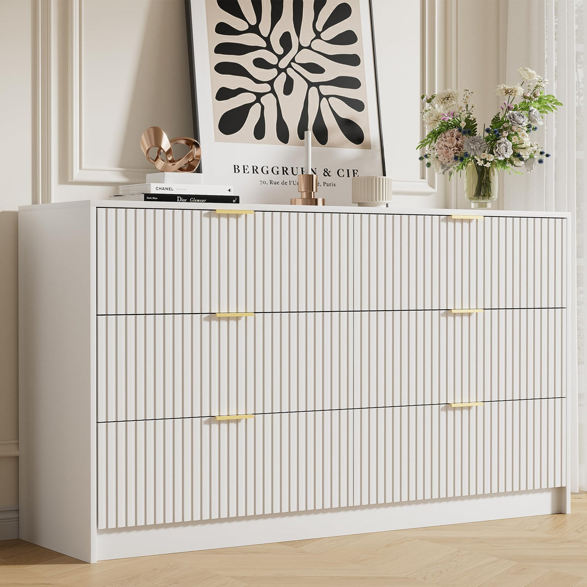 Furniway 55" Wide Green Dresser for Bedroom, Fluted 8 Drawer Dresser