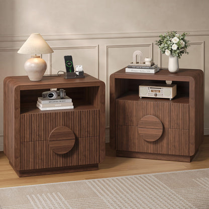 23" Wide Fluted Nightstands Set of 2, Mid Century Bedside Tables with Charging Station, Wood End Table with 2 Drawers and Open Shelf for Bedroom, Home Office, Gray Oak