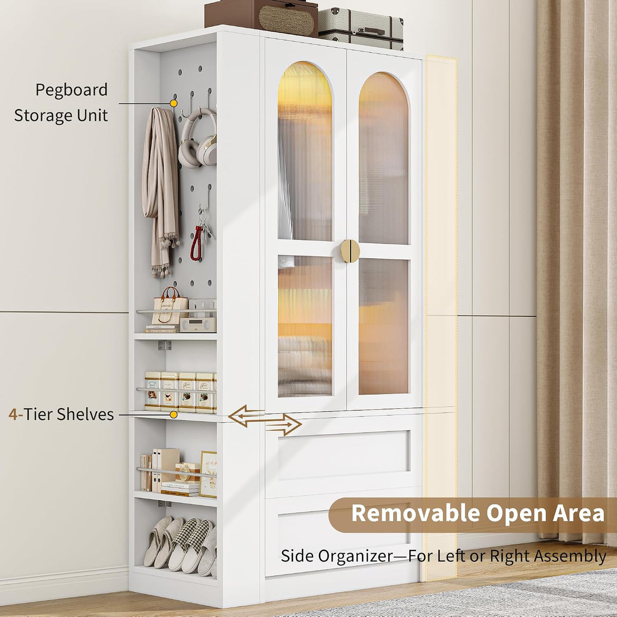 iPormis Armoire Wardrobe Closet with LED Lights & 2 Drawers, 71" Tall Clothing Storage Cabinet with Removable Hanging Rod, 4 Shelves & Pegboard Organizer, Large Capacity Bedroom Storage Cabinet, White