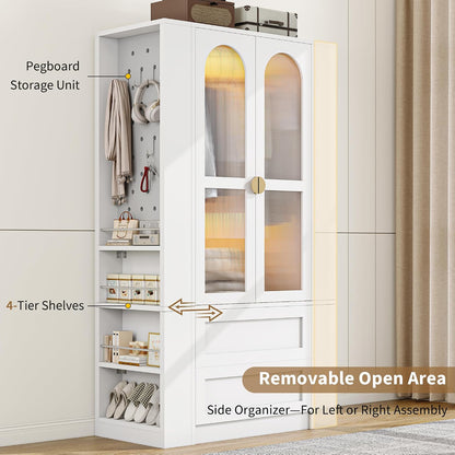 iPormis Armoire Wardrobe Closet with LED Lights & 2 Drawers, 71" Tall Clothing Storage Cabinet with Removable Hanging Rod, 4 Shelves & Pegboard Organizer, Large Capacity Bedroom Storage Cabinet, White