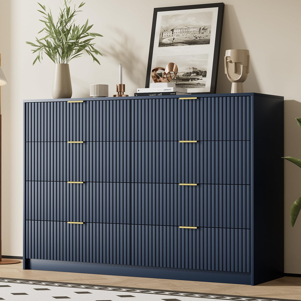Furniway 55" Wide Green Dresser for Bedroom, Fluted 8 Drawer Dresser