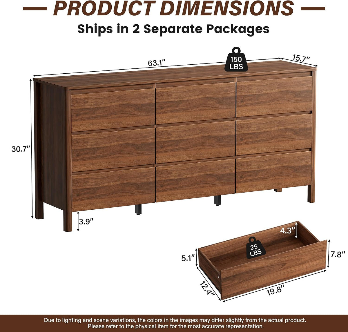 Furniway 63" Wide 9 Drawer Wood Dresser for Bedroom with Legs, Walnut