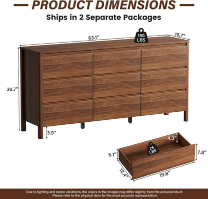 Furniway 63" Wide 9 Drawer Wood Dresser for Bedroom with Legs, Walnut