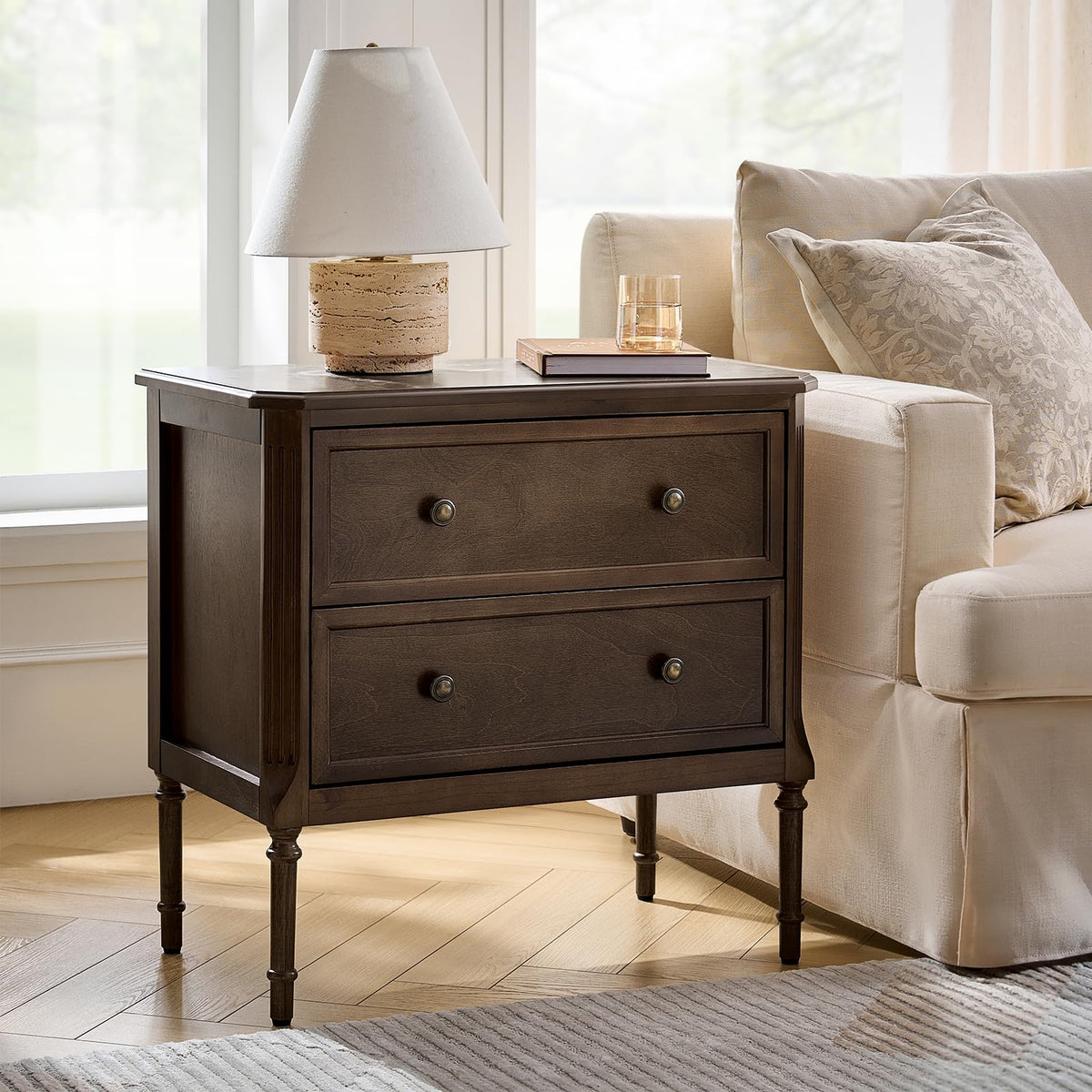 HULALA HOME Solid Wood End Table with Charging Station, Mid-Century Modern End Table with 2 Drawer, Adjustable Solid Wood Feet, Easy Assembly Set of 2, Walnut