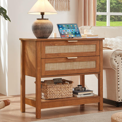 LEYAOYAO 26.8" Wide Rattan Nightstand, Large Boho 3 Drawer Night Stand