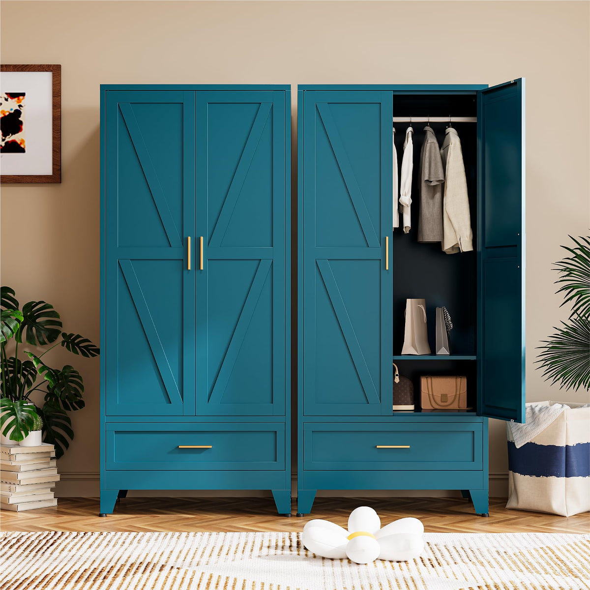 COFaR Peacock Blue Armoire Wardrobe, 71" Metal Closet with Reversible Hanging & Shelving Sections, Freestanding Storage Cabinet with Top Compartment & Adjustable Shelves
