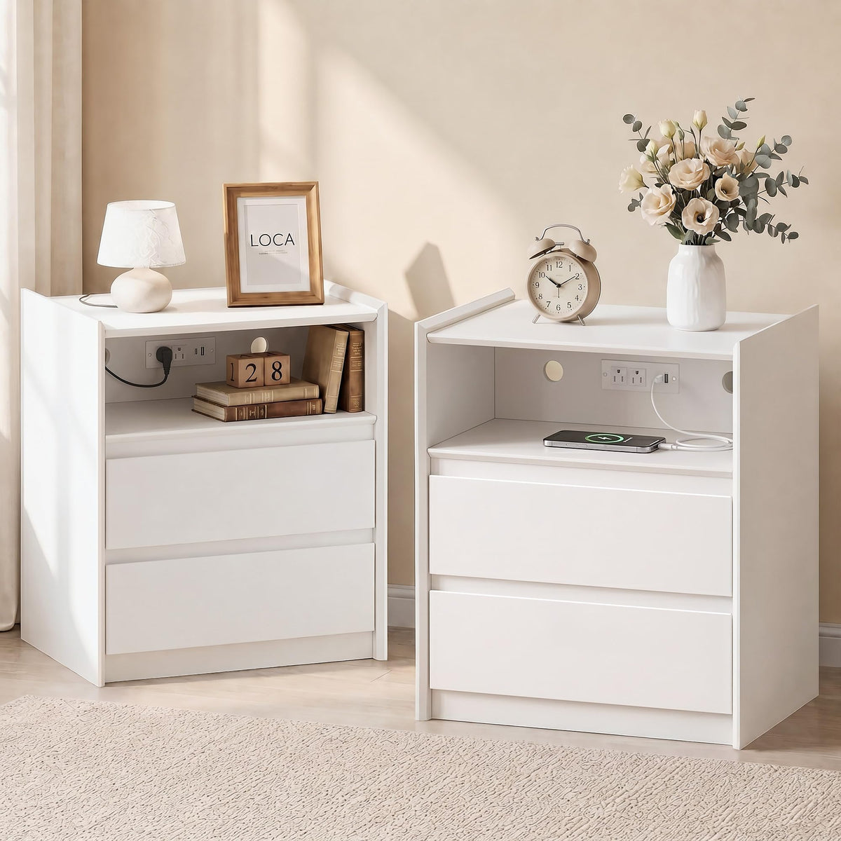 Black Nightstand with Charging Station, 24"H, 2 Drawers & Shelf