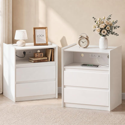 Black Nightstand with Charging Station, 24"H, 2 Drawers & Shelf