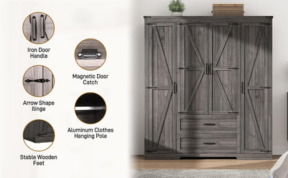 Hlivelood 4 Doors Wardrobe Armoire Closet with Doors and Drawers, Farmhouse Wooden Armoire Storage Cabinet with Shelves & Hanging Rod for Bedroom, Grey