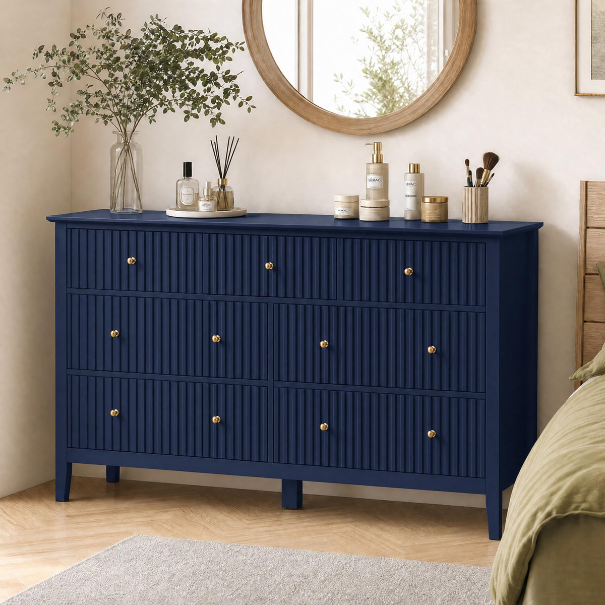 RoyalCraft 6 Drawer Dresser, Fluted Modern Wood Chest of Drawers, Long Dresser for Bedroom TV Stand Storage Cabinet for Living Room, Blue