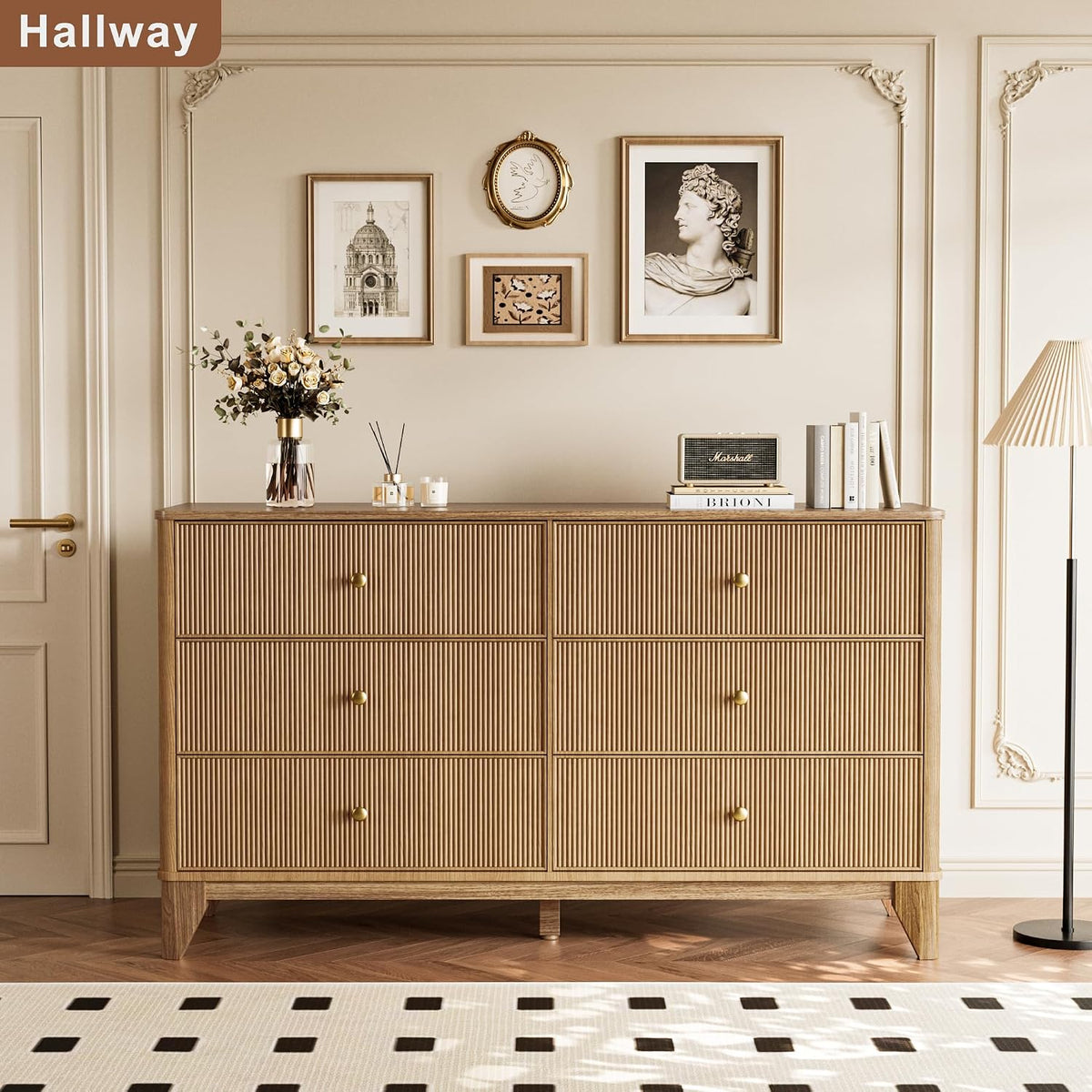 INNOD Fluted 6 Drawers Dresser, 54" Wide Modern Chest of Drawers with Round Corners, Wooden Dresser TV Stand, Wood Drawer Organizer for Bedroom, Living Room, Hallway