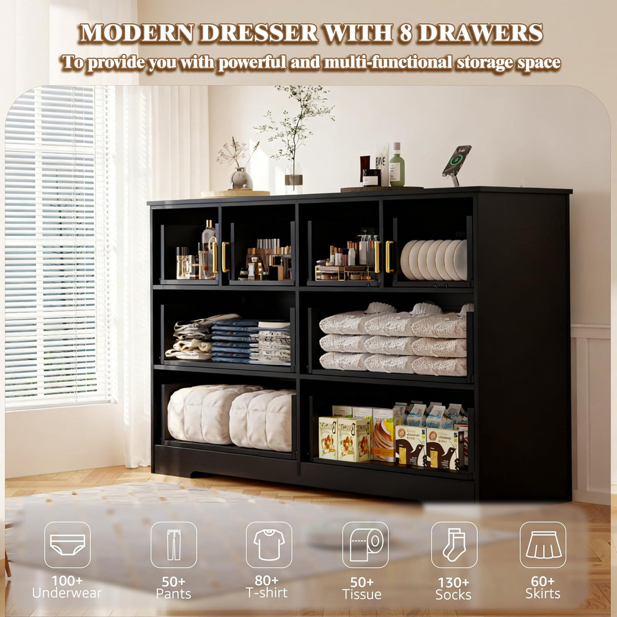 Black Dresser for Bedroom with Power Outlets Wide Wooden Dresser with 8 Drawer and Metal Handle Large Clothing Storage for Bedroom