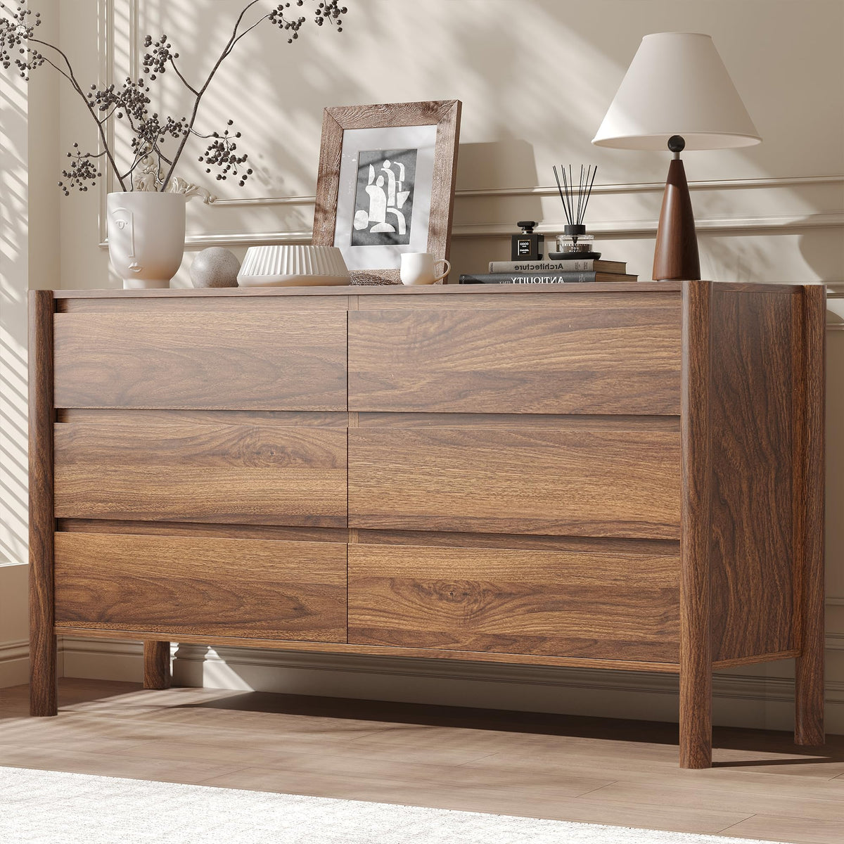 CHUWELL 63" Wide Walnut 9 Drawer Dresser for Bedroom with Solid Wood Legs