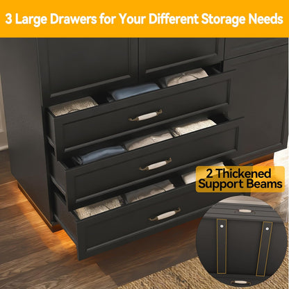 72" Wooden Armoire Wardrobe Closet with 3 Door Black Bedroom Armoire with LED Light 3 Drawers Large Modern Wardrobe Cabinet with Retro Ceramic Door Handles and Removable Hanging Rod