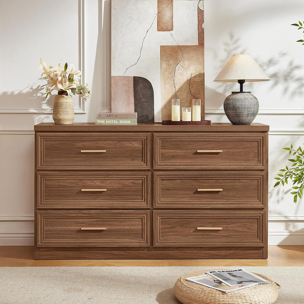RWYHG 55.1" Wide Farmhouse 6 Drawers Dresser for Bedroom, Light Walnut