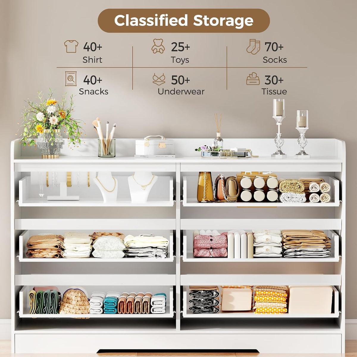 White Dresser for Bedroom, 6 Drawer Dresser Chest of Drawers
