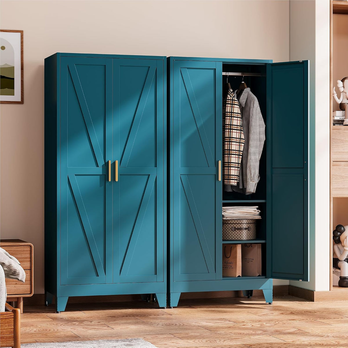 COFaR Armoire Wardrobe Closet, 71" Convertible 2-in-1 Metal Cabinet with Adjustable Rod & Shelves, Freestanding Hanging & Storage Organizer (Peacock Blue)