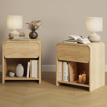 Modern Curved Nightstands Set of 2 with Open Shelf,Natural Oak