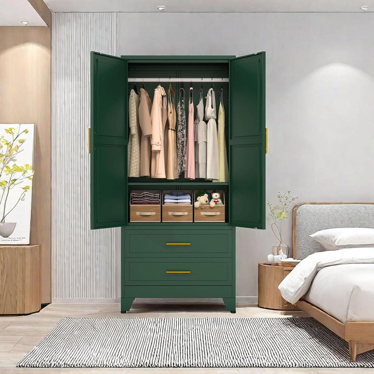 71" Metal Armoire Wardrobe Closet, Tall Clothing Storage Cabinet, Green