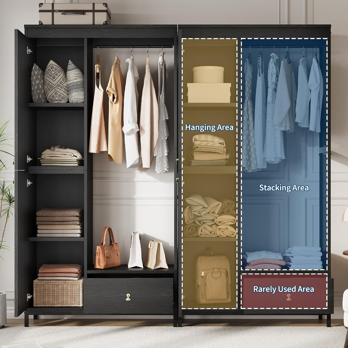 TrailBlaze Spacious Storage Solution Armoire Wardrobe Closet – Modern Wood & Metal Frame, Hanging Rod, Drawer, Large Compartment – Freestanding Bedroom Organizer for Clothes, Bedding, Luggage – Black