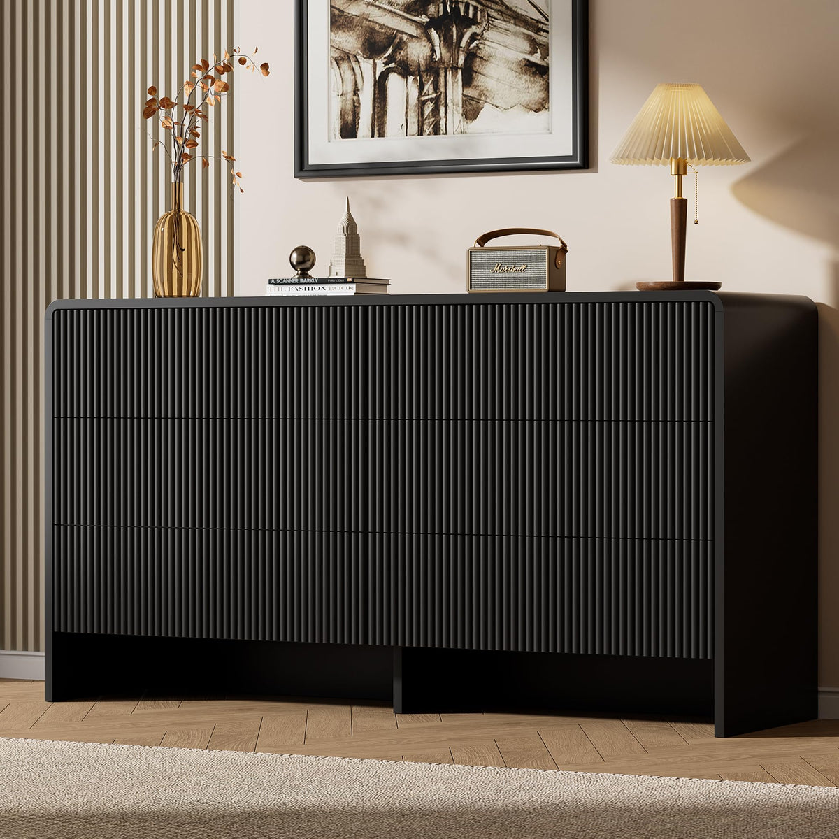 Furniway Black 5 Drawer Dresser for Bedroom, Curved Tall Dresser with Push-to-Open Design, Chest of Drawers for Bedroom, Living Room, Hallway, 15.7”D x 32”W x 47.2”H