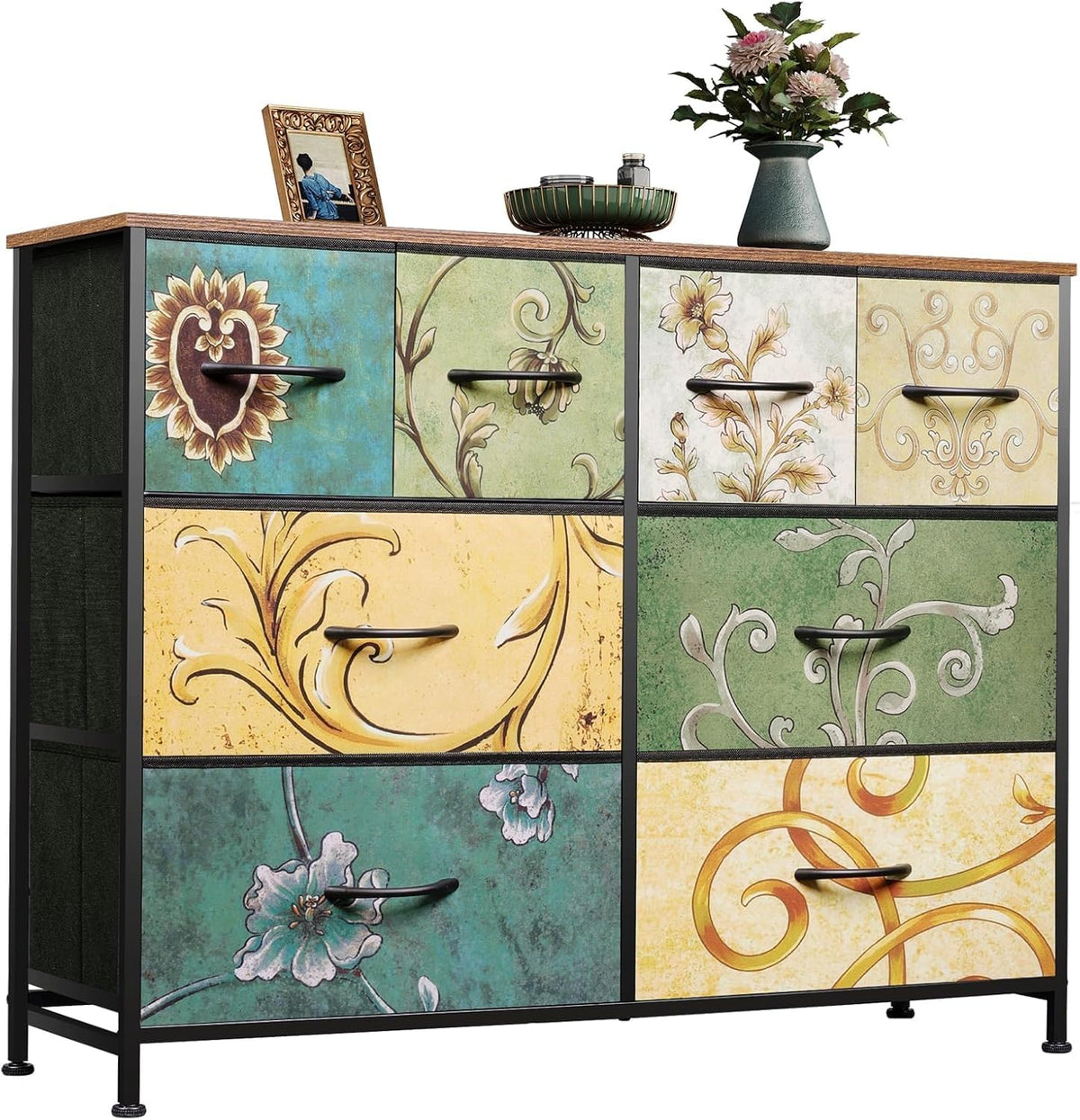 WLIVE Wide Dresser for Bedroom, 8 Drawer Chest of Drawers, Black Wood Grain
