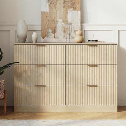 MALOL Modern Fluted 6 Drawer Dresser, Wide Wooden Storage Cabinet with Metal Handles, Silent Glide Drawers, Anti-Tip Chest for Bedroom, Living Room, Natural Wood, 47 Inch