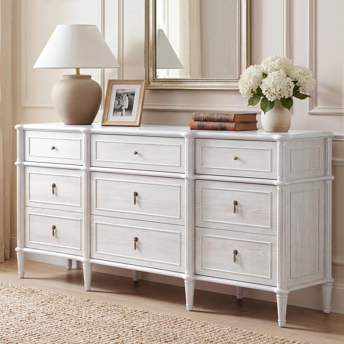STO'SENSE 63" 9-Drawer Dresser with Power Outlet, Architectural Wood Storage Chest with Framed Drawers, Vintage Metal Pulls and Solid Wood Tapered Legs, Long Bedroom Dresser TV Stand,Brown