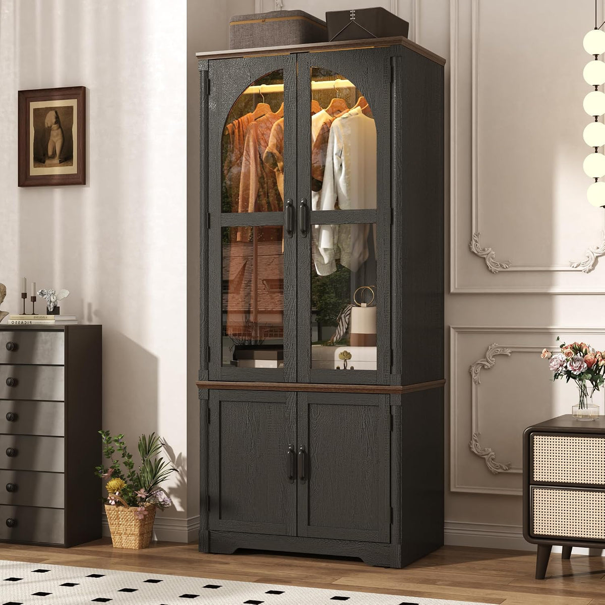 Tall Farmhouse 2 Doors Armoire Wardrobe Closet with LED ,72" Freestanding Arched Wardrobe Closet Cabinet for Bedroom w Glass Doors,Wooden Clothing Storage Cabinet,Closets for Bedroom(Black)