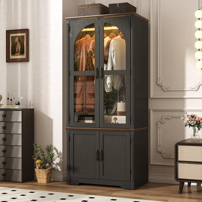 Tall Farmhouse 2 Doors Armoire Wardrobe Closet with LED ,72" Freestanding Arched Wardrobe Closet Cabinet for Bedroom w Glass Doors,Wooden Clothing Storage Cabinet,Closets for Bedroom(Black)