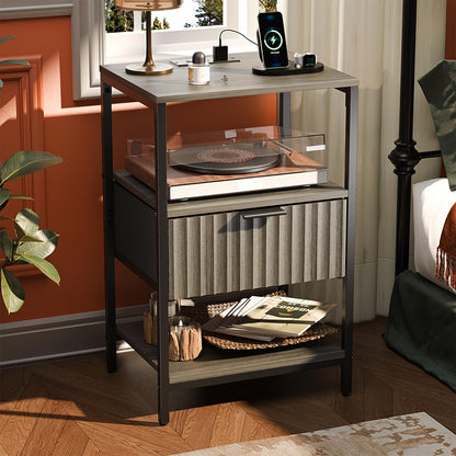 VINGLI Black Nightstands Set of 2 with Fabric Drawers, Fluted Nightstands with Charging Station, Night Stand Set of 2, Small Bedside Table, Bed Side Table/Night Stand with Charging Station for Bedroom