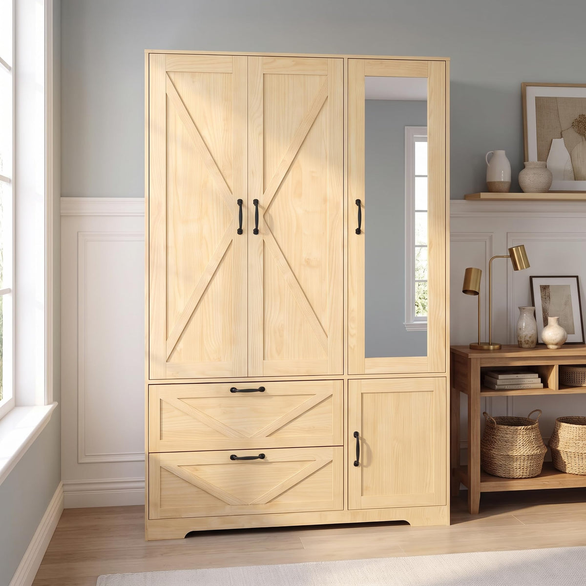 Black 3 Door Wardrobe Closet with Mirror, Bedroom Armoire Wardrobe Closet with Lights, 2 Drawers, Hanging Rod and Cabinet, Large Clothes Storage Organizer, 47.2 x 19.68 x 71.65 in