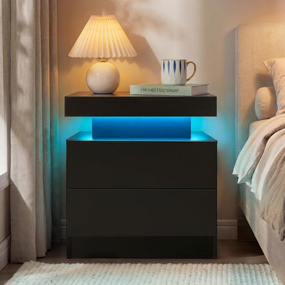 i-aplus Black Modern LED Nightstand Set of 2 with 2 Wood Drawer for Bedroom