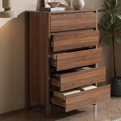 MAISONARIA Walnut 5 Drawer Dresser for Bedroom, 45"Tall Modern Wood Dresser