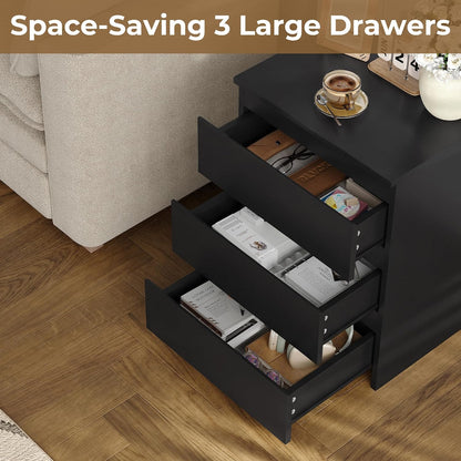 Nightstands Set of 2, Black Nightstand with 3 Drawers