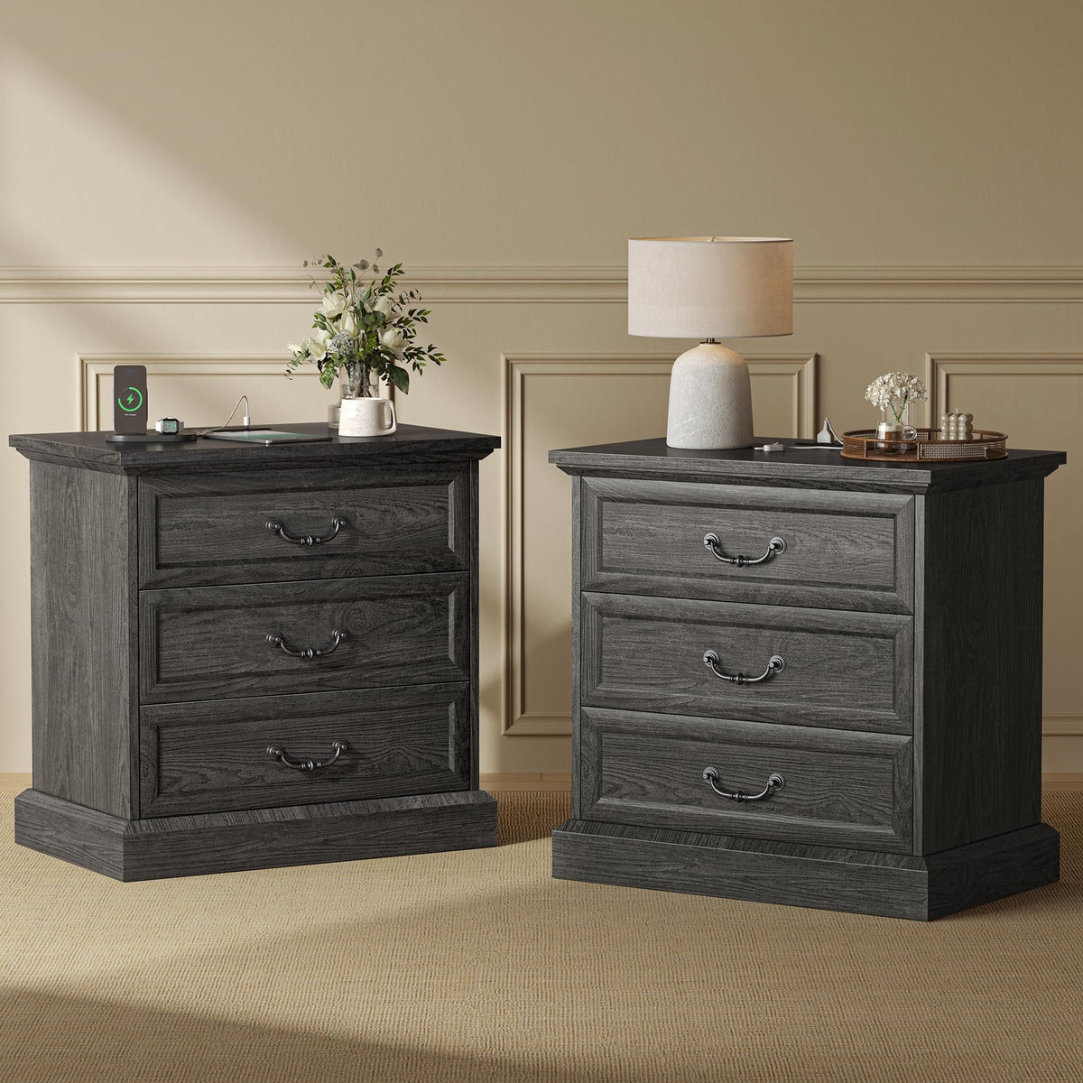 Huuger Nightstand with Charging Station, 3 Drawer Night Stand Set of 2