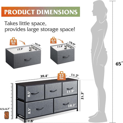 WLIVE Wide Dresser for Bedroom, 5 Drawer Chest of Drawers, Dark Grey