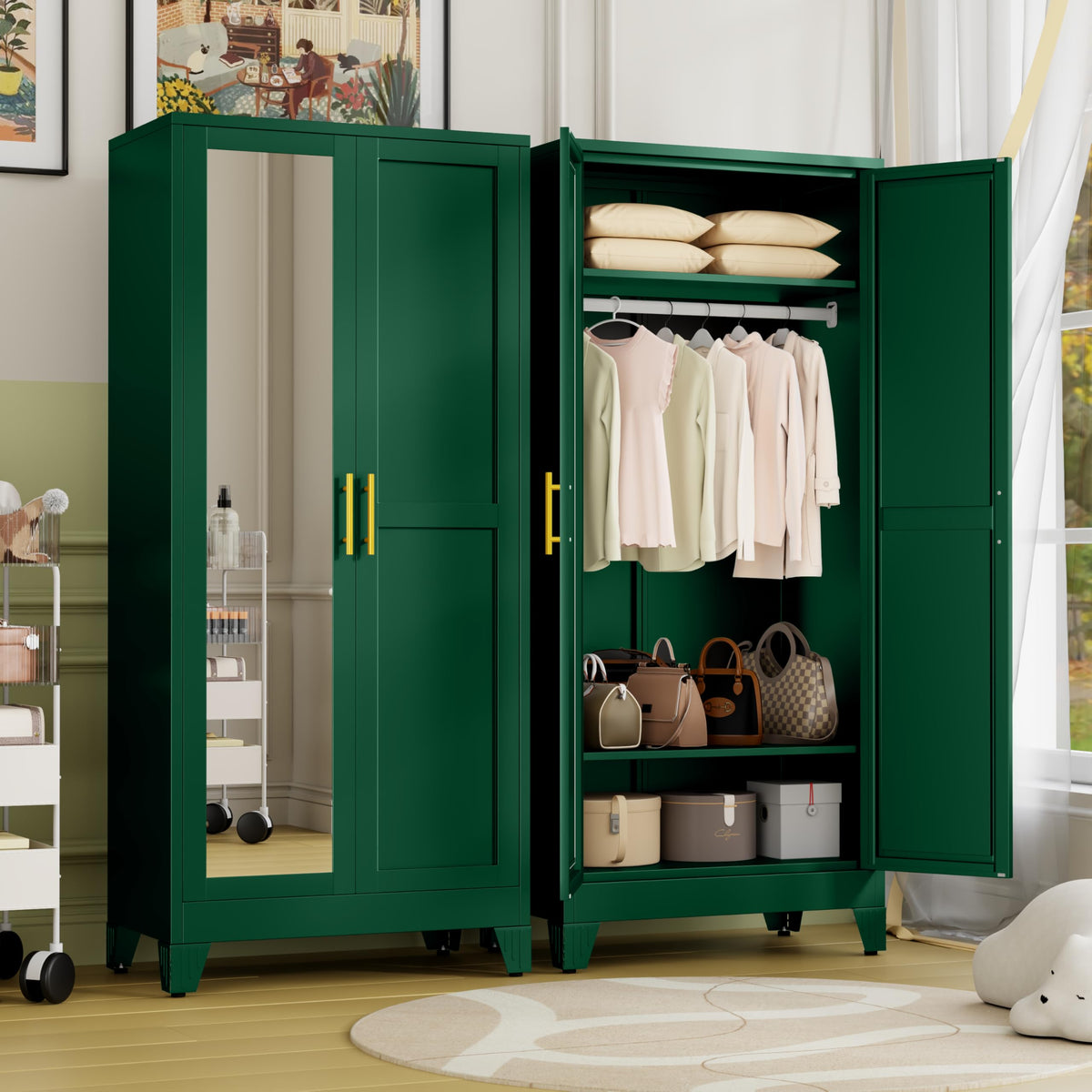 Metal Armoire Wardrobe Closet Storage Cabinet with Mirror White, 71'' Wardrobe Cabinet with Hanging Rod Metal Closet with Adjustable Shelf and Drawer for Bedroom, Laundry Room, Cloak Room
