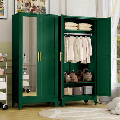 Metal Armoire Wardrobe Closet Storage Cabinet with Mirror White, 71'' Wardrobe Cabinet with Hanging Rod Metal Closet with Adjustable Shelf and Drawer for Bedroom, Laundry Room, Cloak Room