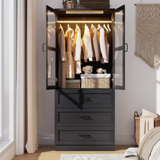 75" Tall Farmhouse 2 Doors Armoire Wardrobe Closet with 3 Drawers and LED,Freestanding Closet Wardrobe Cabinet for Bedroom with Hanging Rod,Wooden Armoire Storage Cabinet with Adjustable shelve(Black)