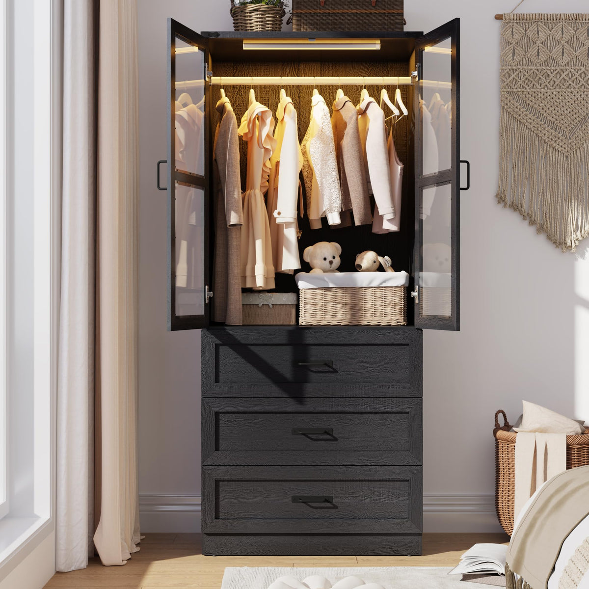 75" Tall Farmhouse 2 Doors Armoire Wardrobe Closet with 3 Drawers and LED,Freestanding Closet Wardrobe Cabinet for Bedroom with Hanging Rod,Wooden Armoire Storage Cabinet with Adjustable shelve(Black)